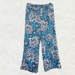 Worthington Floral Palazzo Pants Zip Front Pockets Teal White Abstract Floral